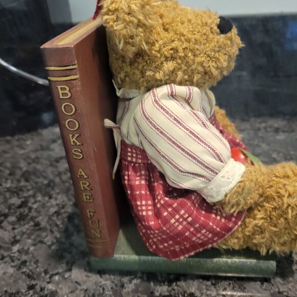 Vintage Teddy Bear Bookend - Red Gingham Dress & Bow Holding an Apple - Picture 11 of 16